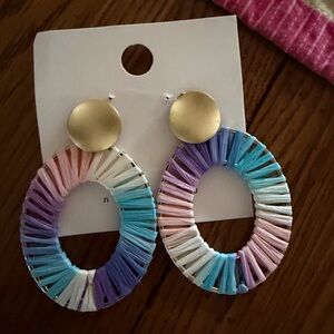 Colorful Raffia Hoop Earrings - Pastel Rainbow
